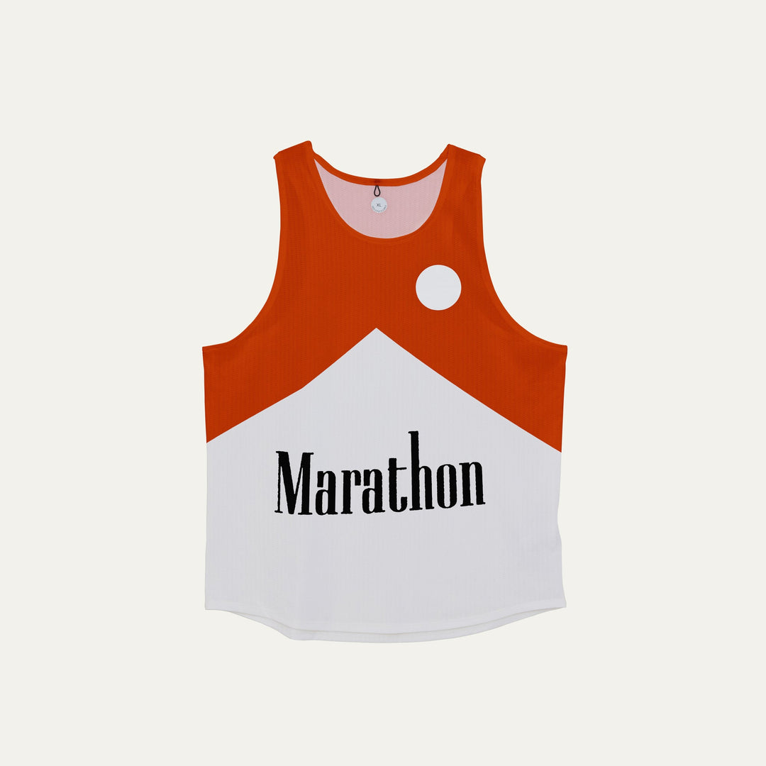 Participation Marlboro Marathon singlet, breathable mesh, red-and-white color block, “Marathon” text, white circle logo on chest.